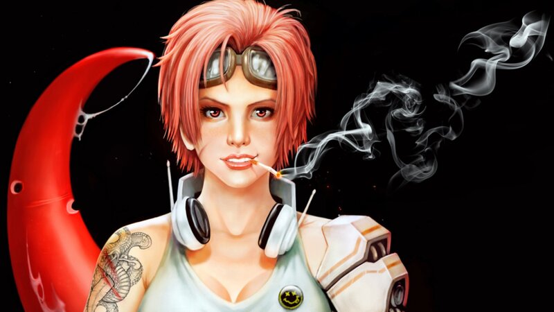 cyberpunk woman with cigarette