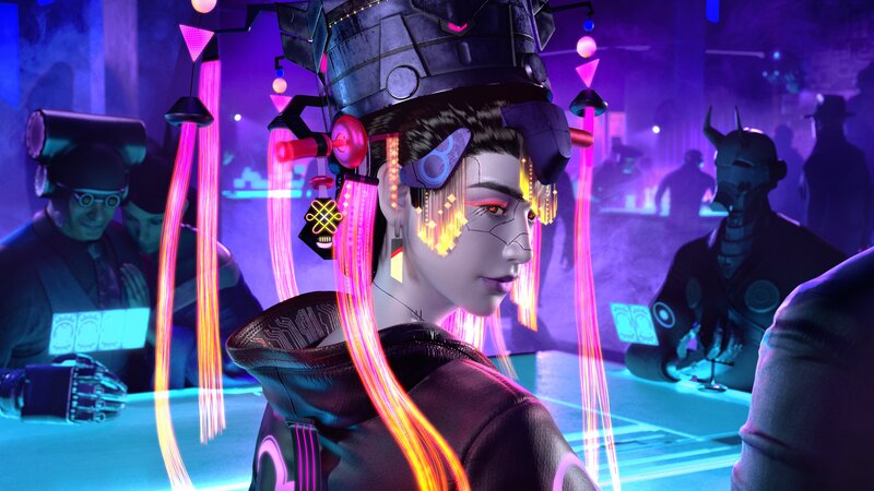 Cyberpunk Woman with Glowing Hair — Purple