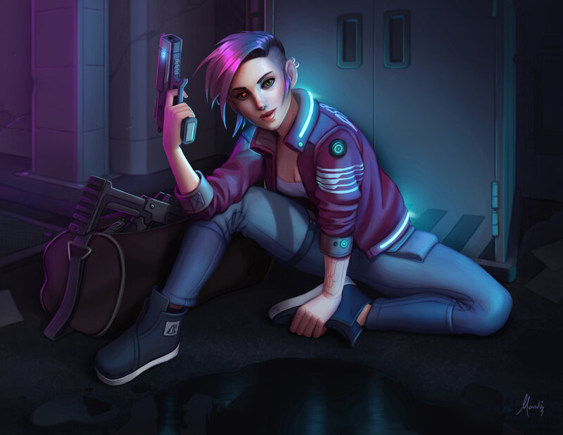 Cyberpunk Woman with Gun — Purple, Dark, Tense