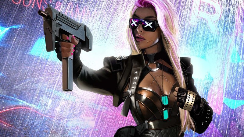 Cyberpunk Woman with Gun — Purple