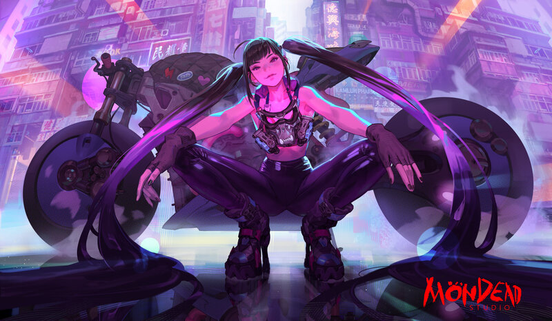 Cyberpunk Woman with Motorcycle — Purple
