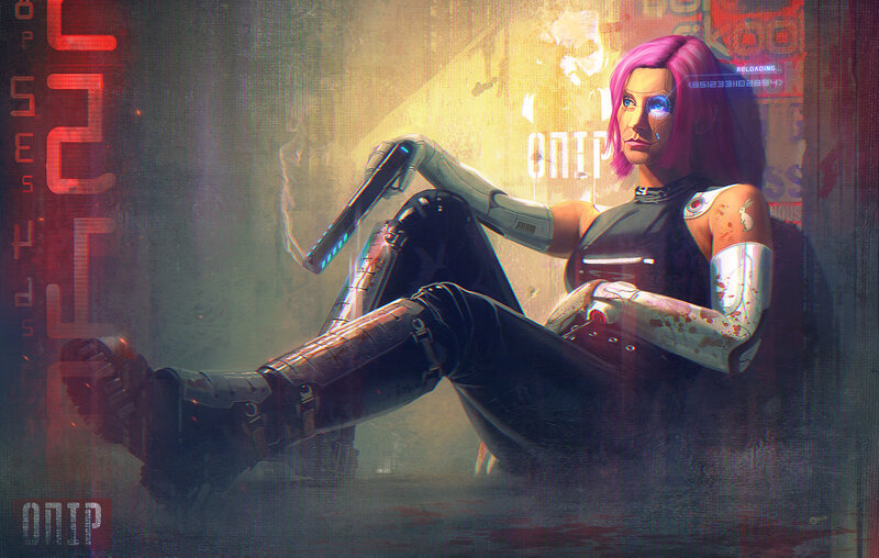 Cyberpunk Woman with Pink Hair — Purple