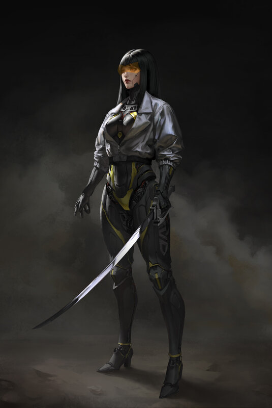 Cyberpunk Woman with Sword — Black, Dramatic