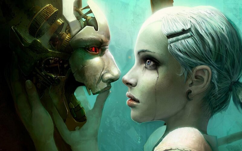 cyborg and girl in a tender moment