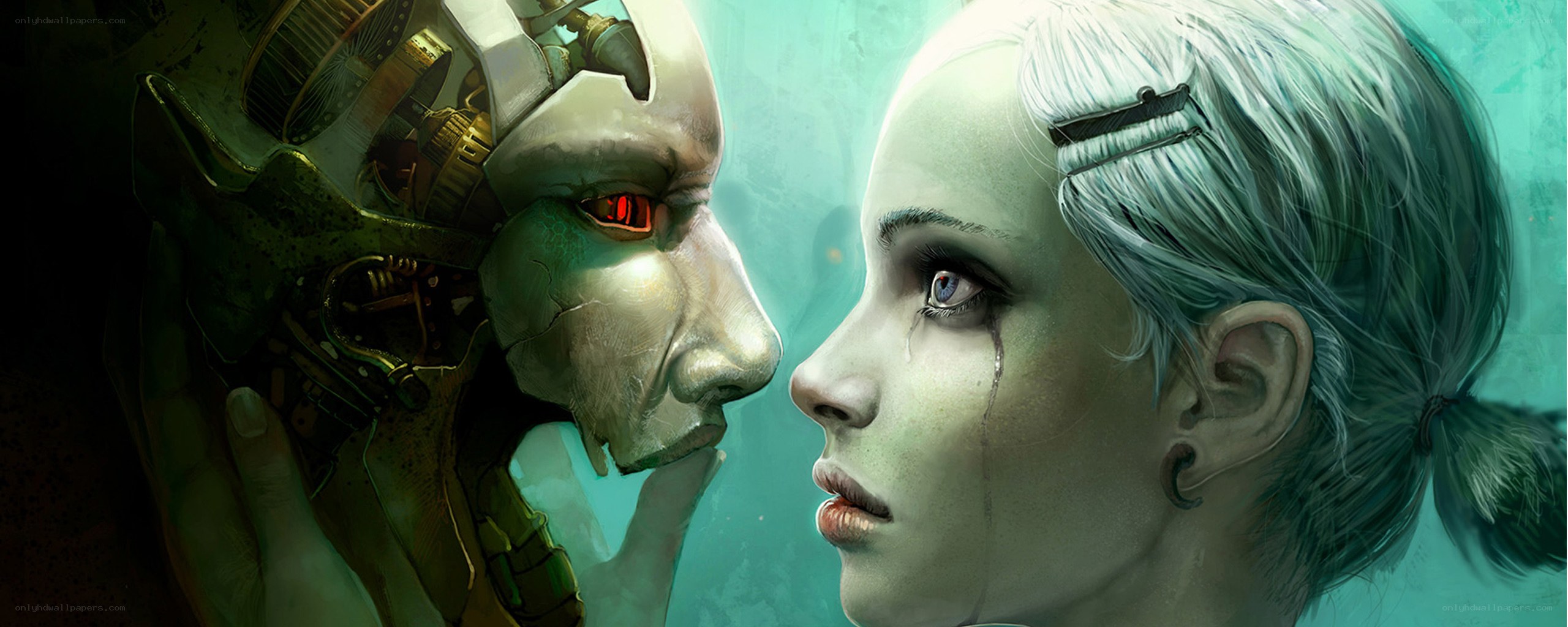 cyborg and human face to face
