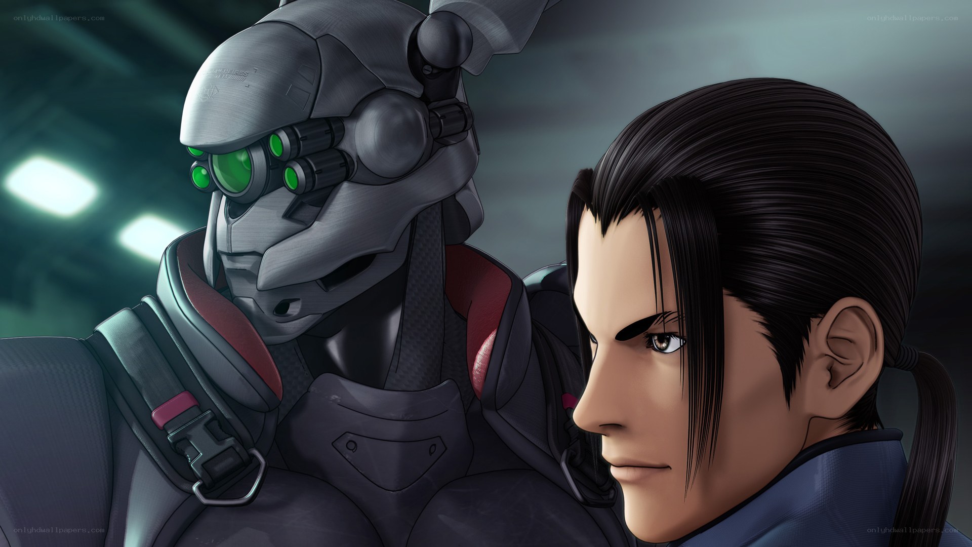 cyborg and man in futuristic setting