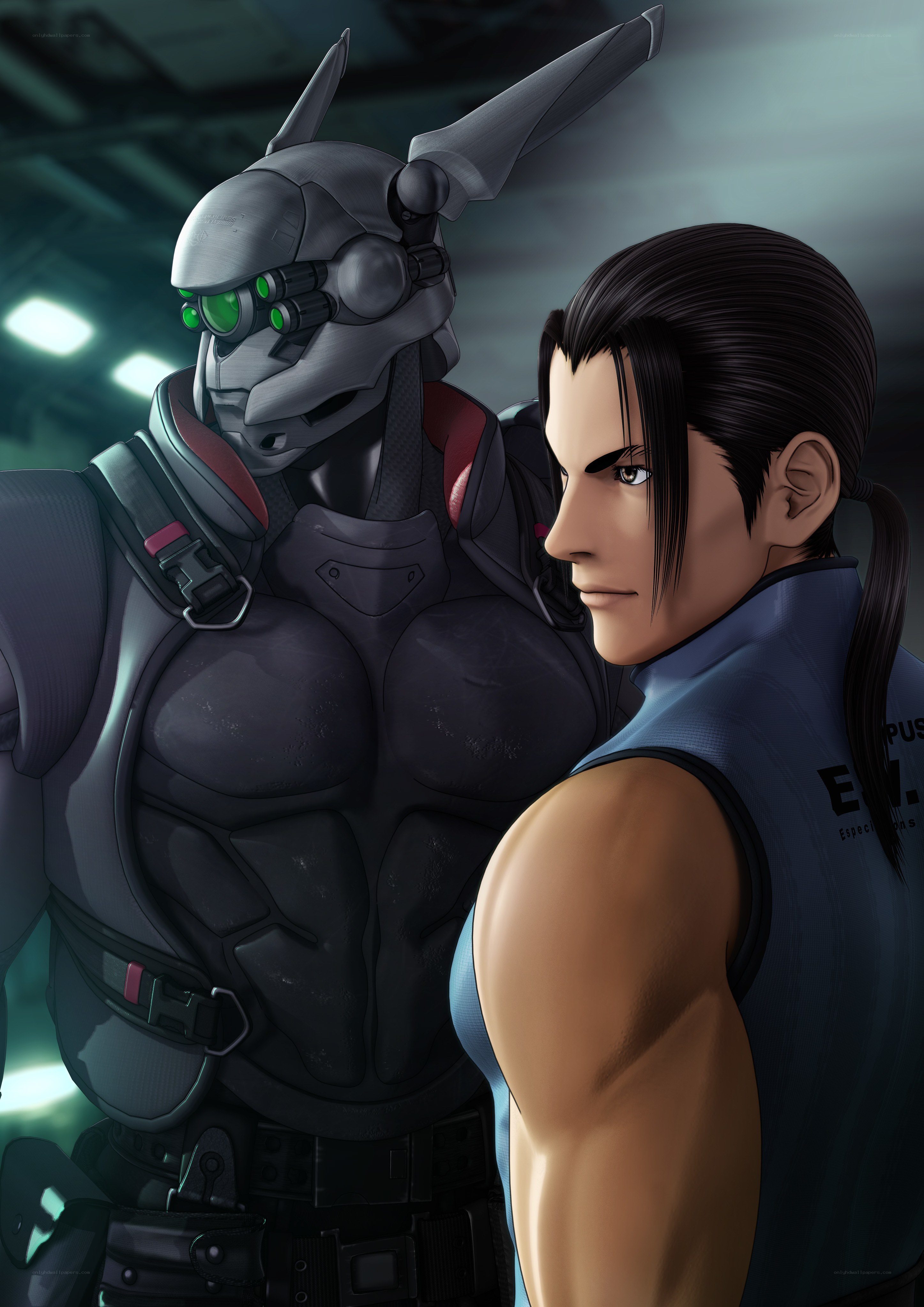 cyborg and man in tactical gear