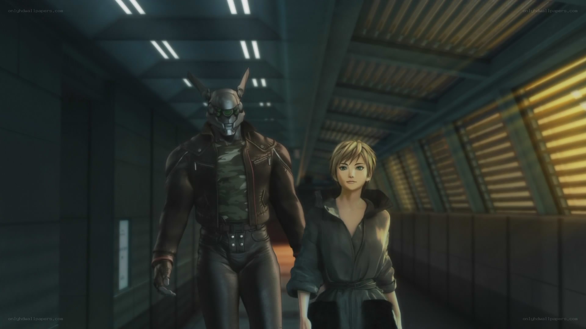 cyborg and woman in corridor