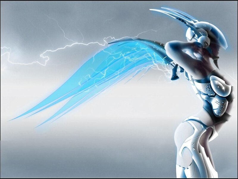 cyborg angel with lightning wings