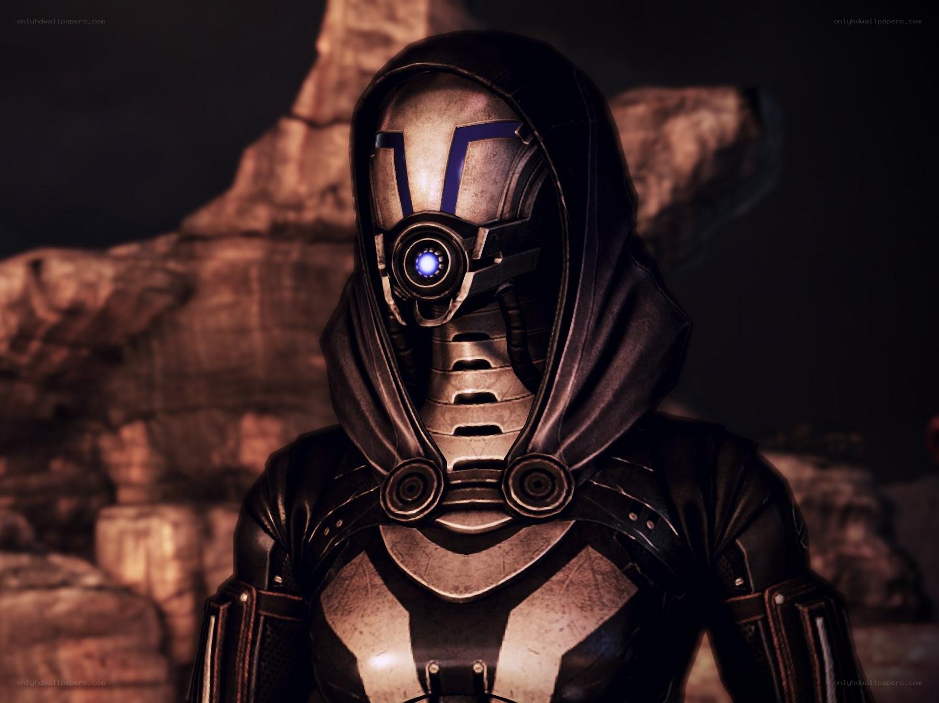 cyborg character in hooded armor