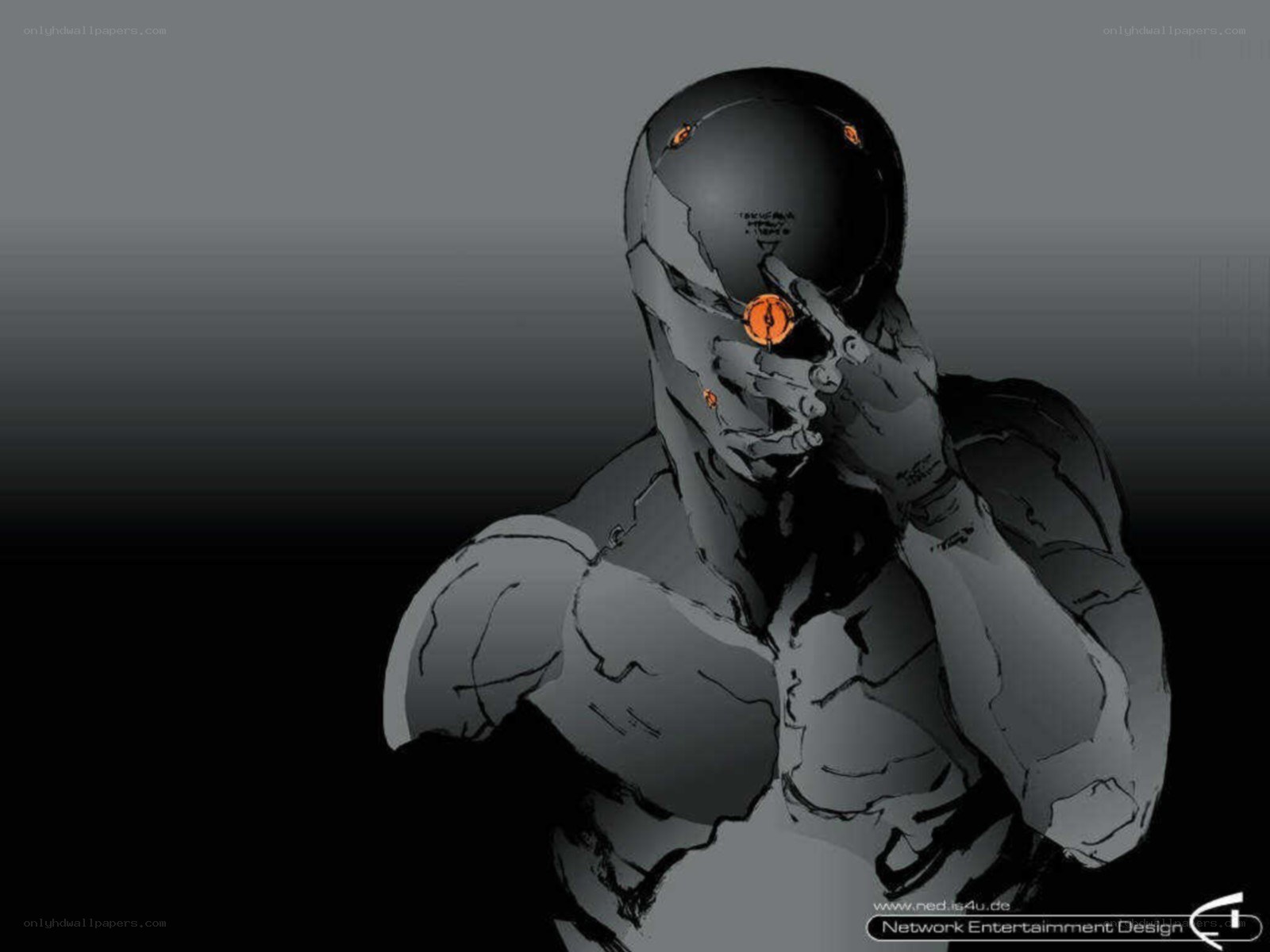 cyborg character with orange eyes