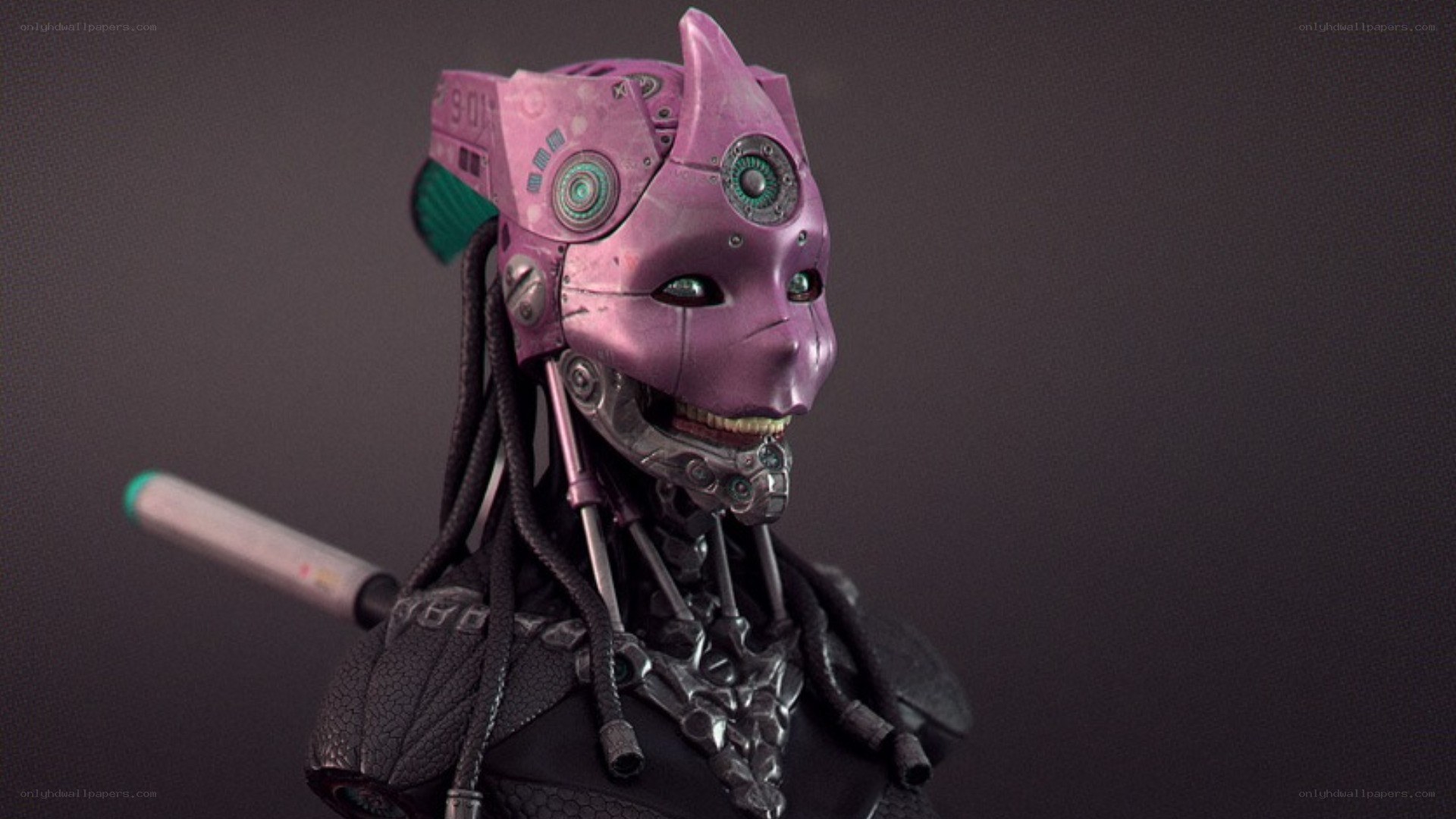 cyborg character with purple helmet