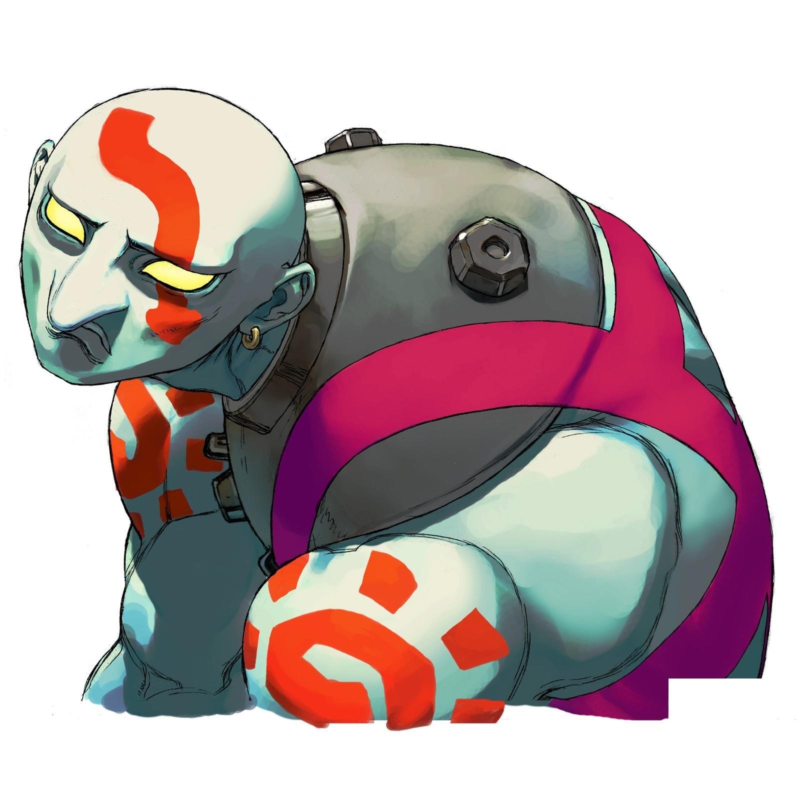 cyborg character with red markings