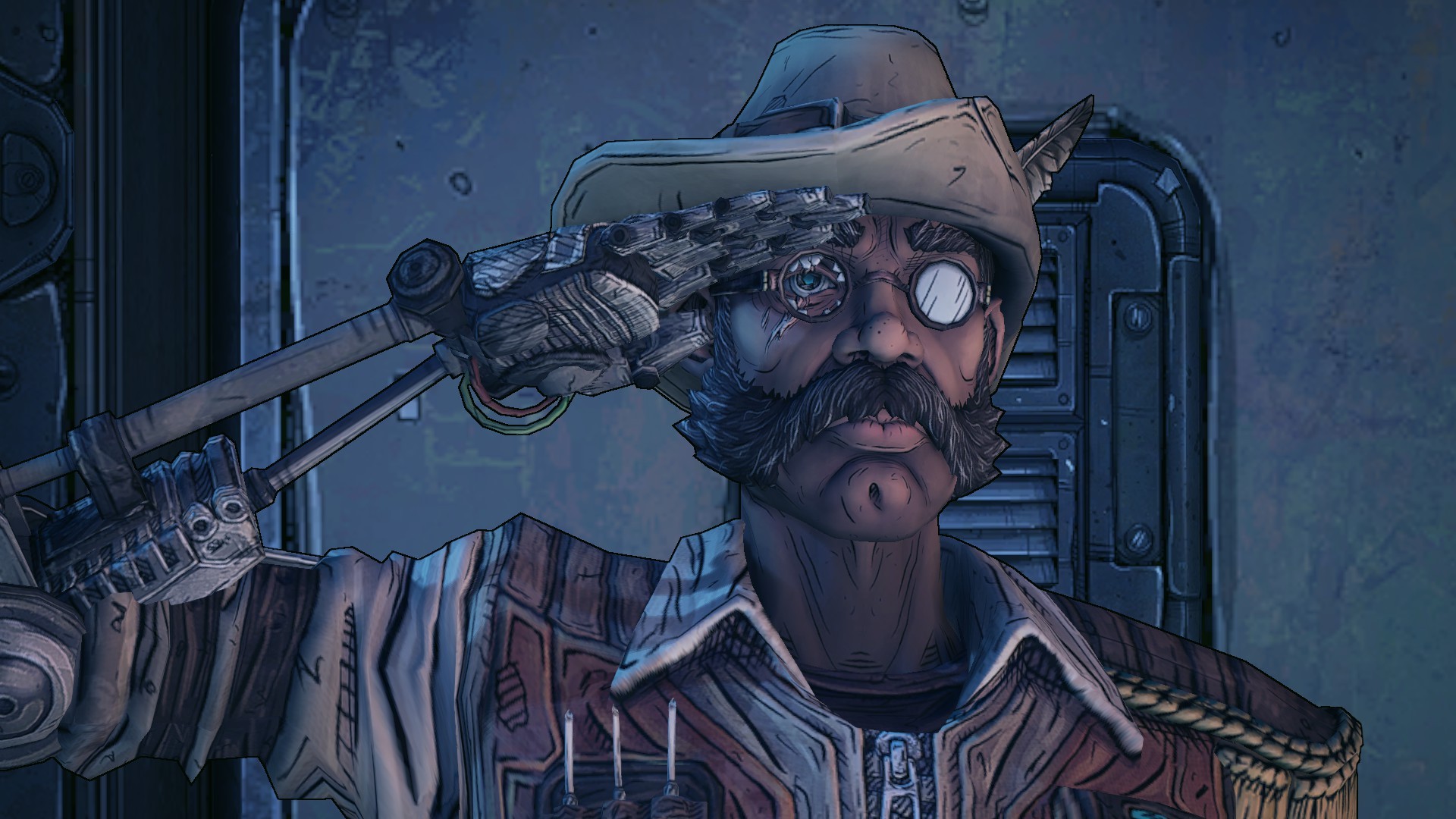 cyborg cowboy with mechanical arm