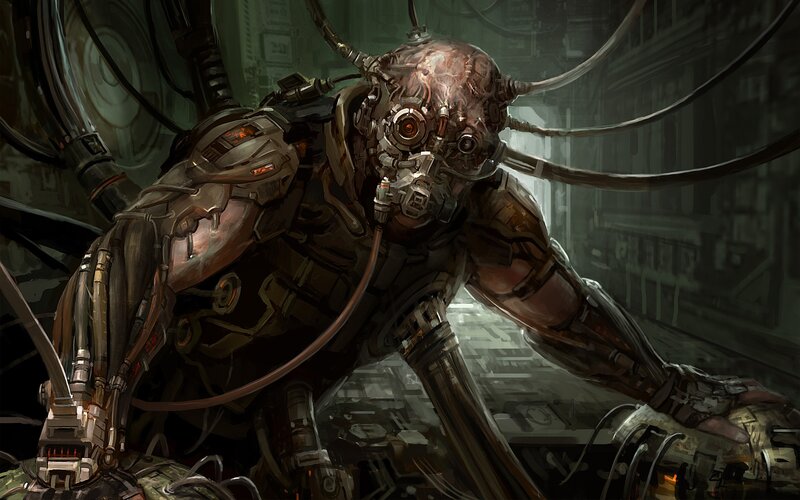cyborg creature in industrial setting