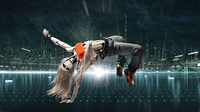 Cyborg Dancer in Mid-air