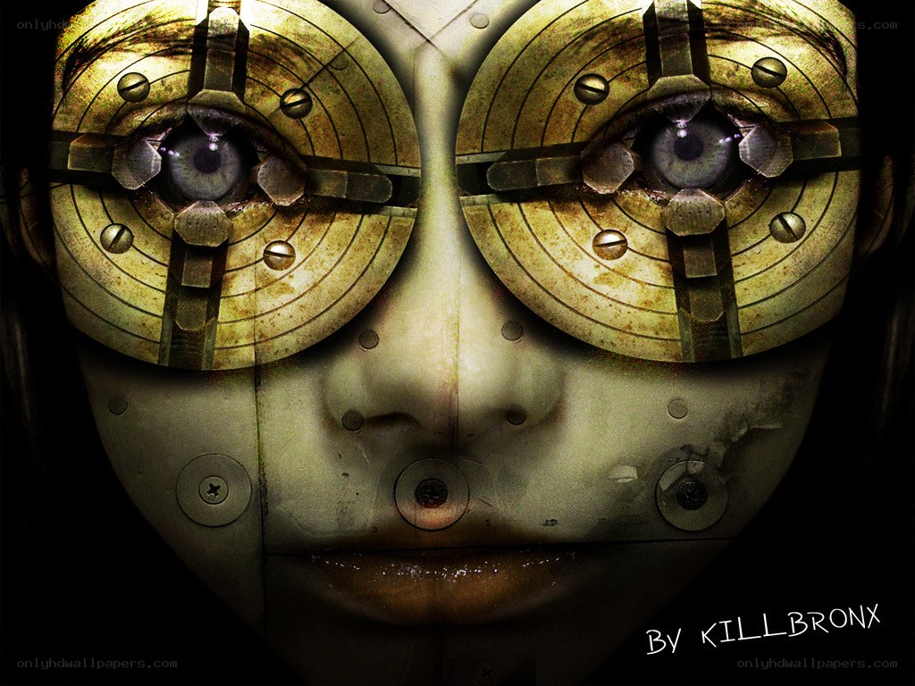 cyborg face with mechanical eyes