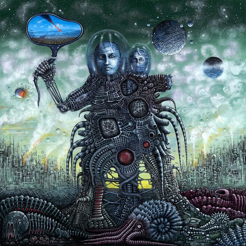 cyborg figure in alien landscape