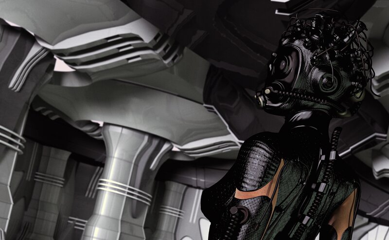 Cyborg Figure in Cockpit