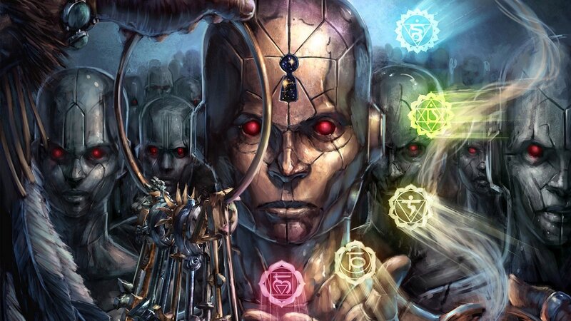 Cyborg Figure with Red Eyes — Gray