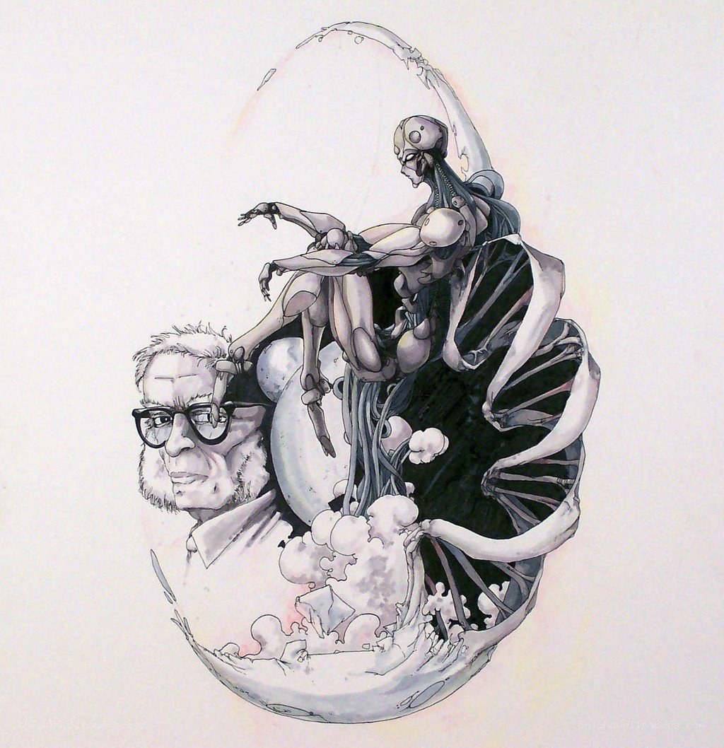 cyborg figure with scientist portrait