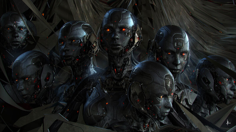 Cyborg Figures in Dark Setting — Black