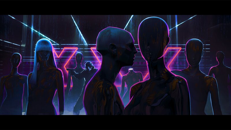 Cyborg Figures in Neon Room