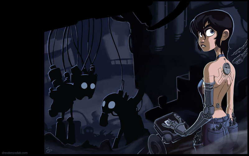 cyborg girl in dark factory