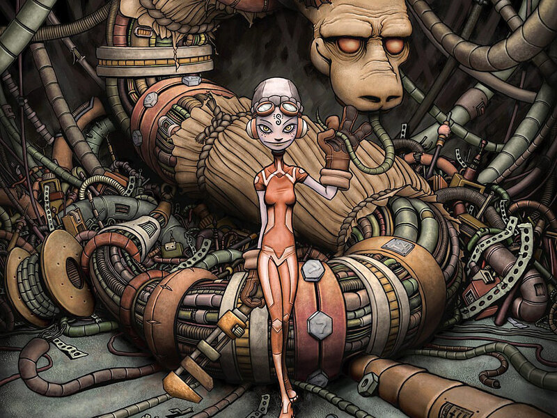 cyborg girl in mechanical junk
