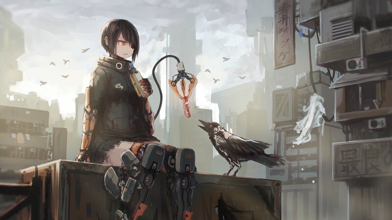 Cyborg Girl with Crow — Gray