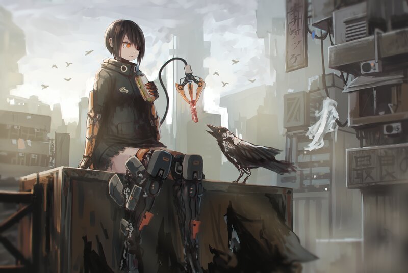 Cyborg Girl with Crow