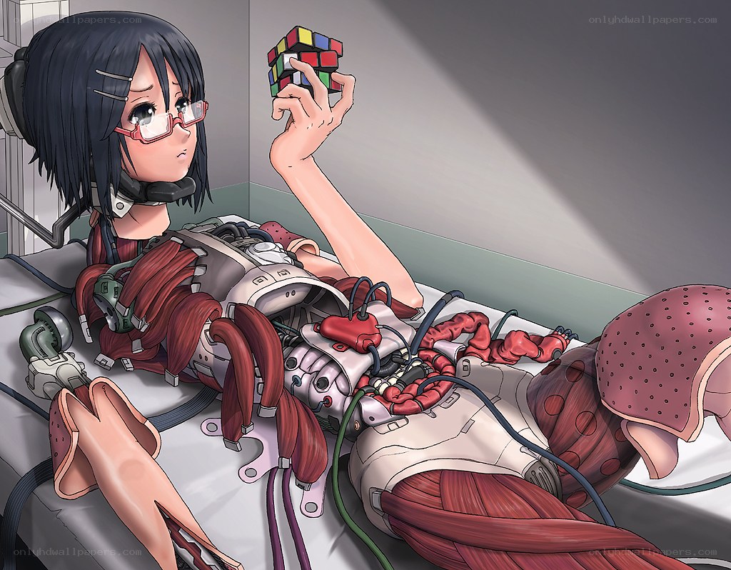 Cyborg girl with Rubik's cube