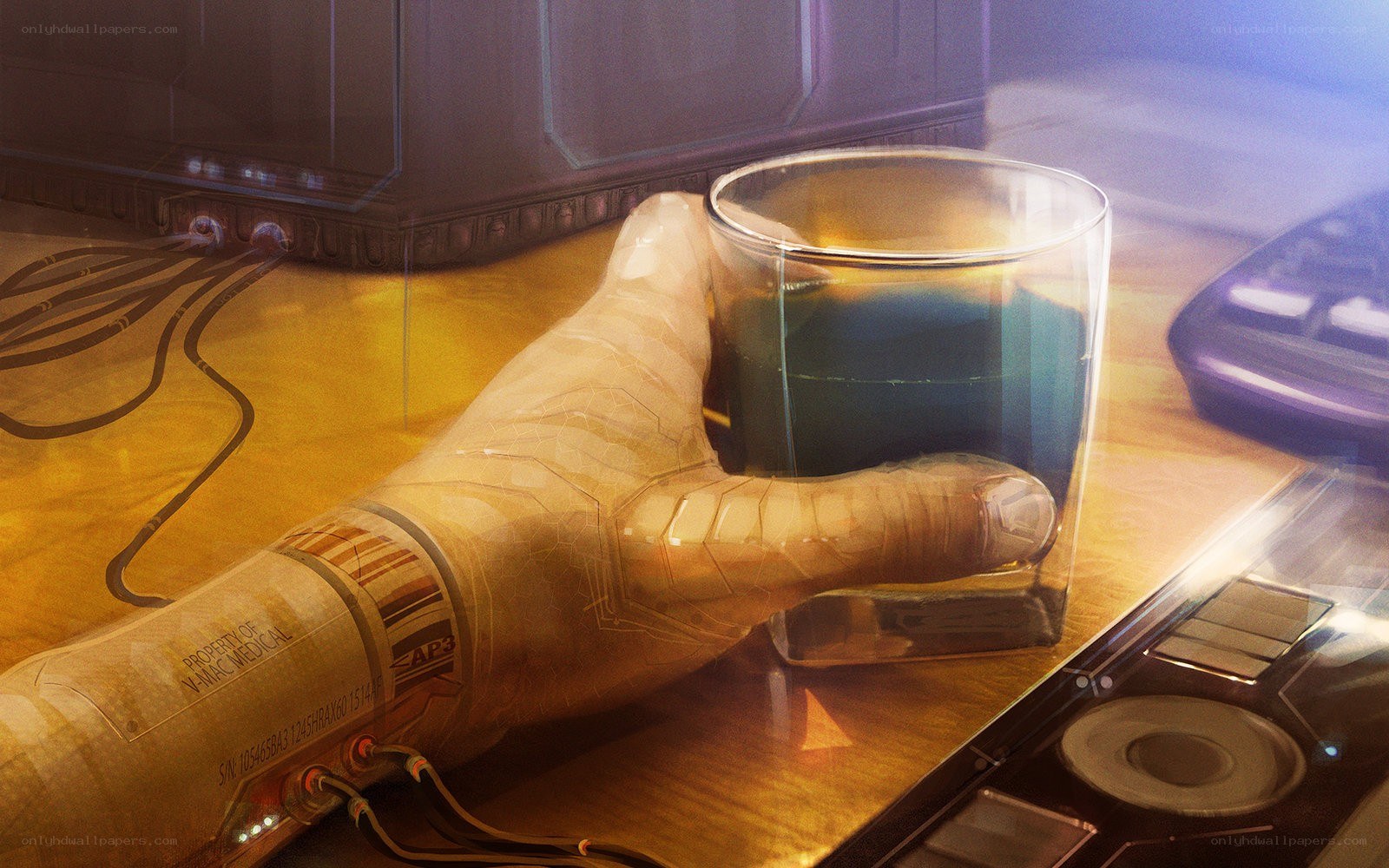 cyborg hand holding glass