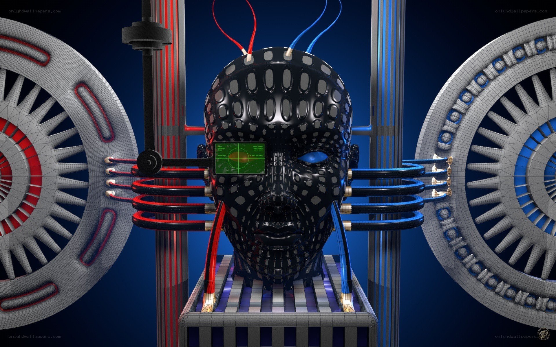 cyborg head in futuristic lab