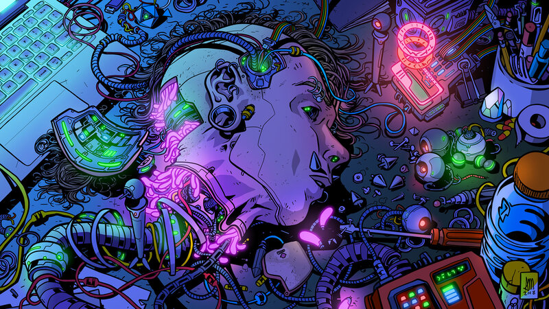 Cyborg Head on Workbench — Purple