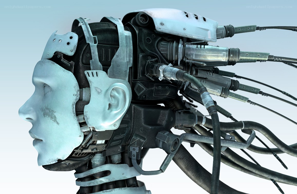 cyborg head with exposed mechanics