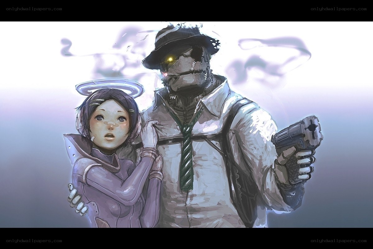 cyborg holding a girl