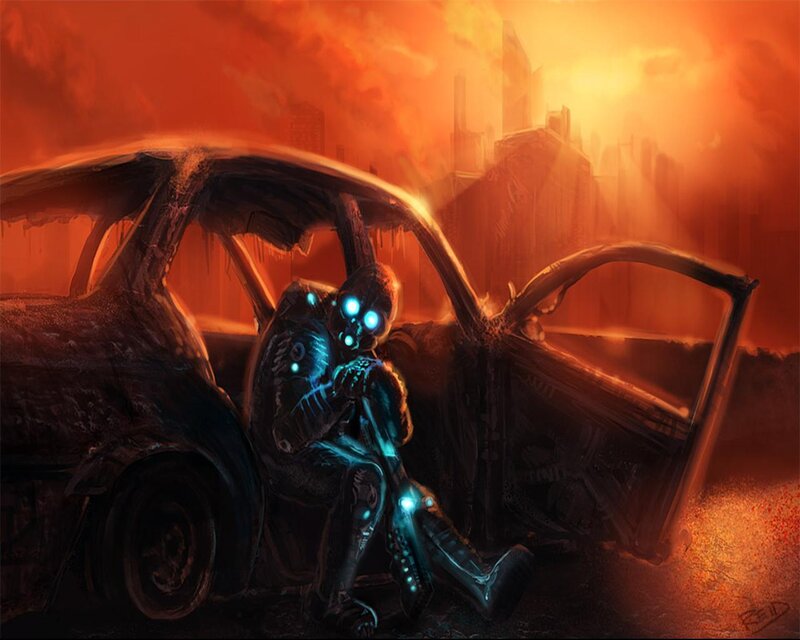 Cyborg in Burnt Car