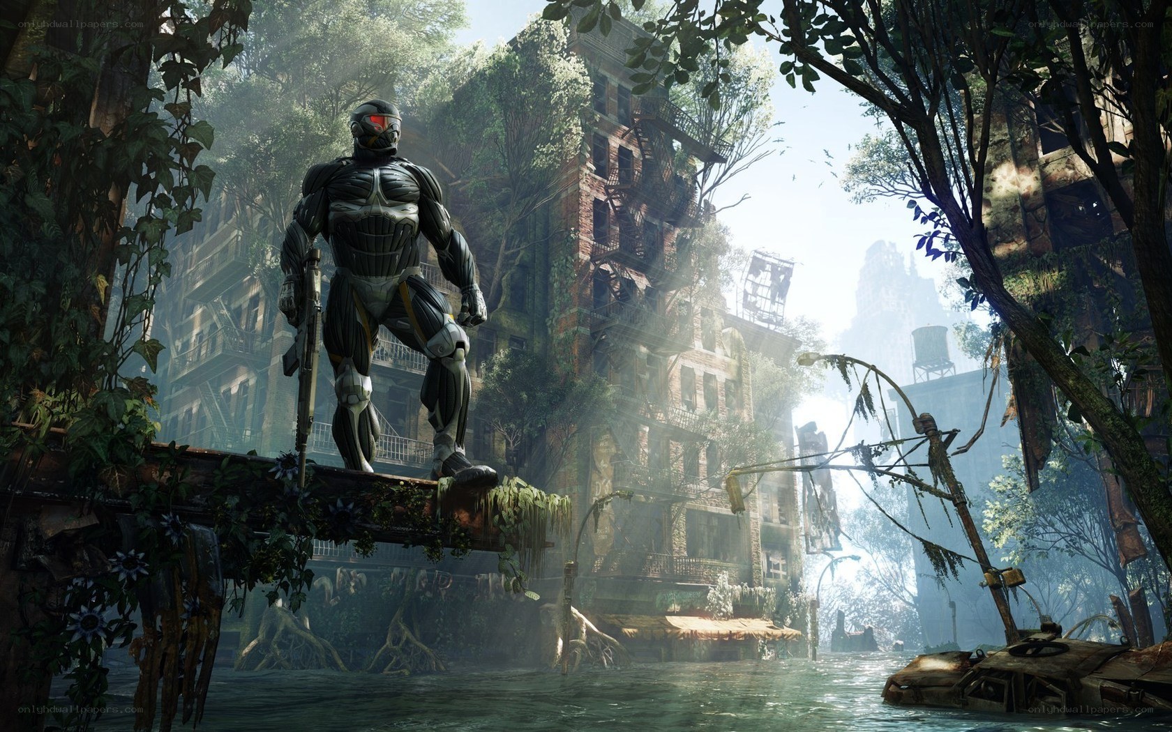 cyborg in overgrown city