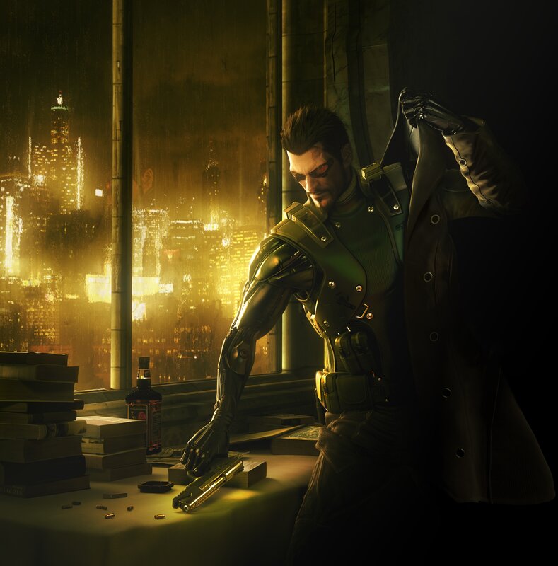 Cyborg Man at Desk — Yellow, Dark, Dramatic