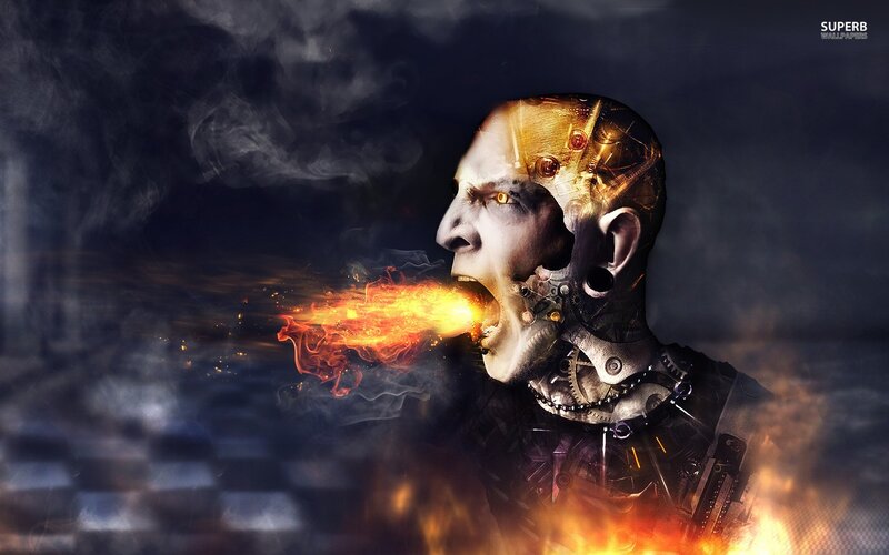 Cyborg Man Breathing Fire — Black, Dramatic