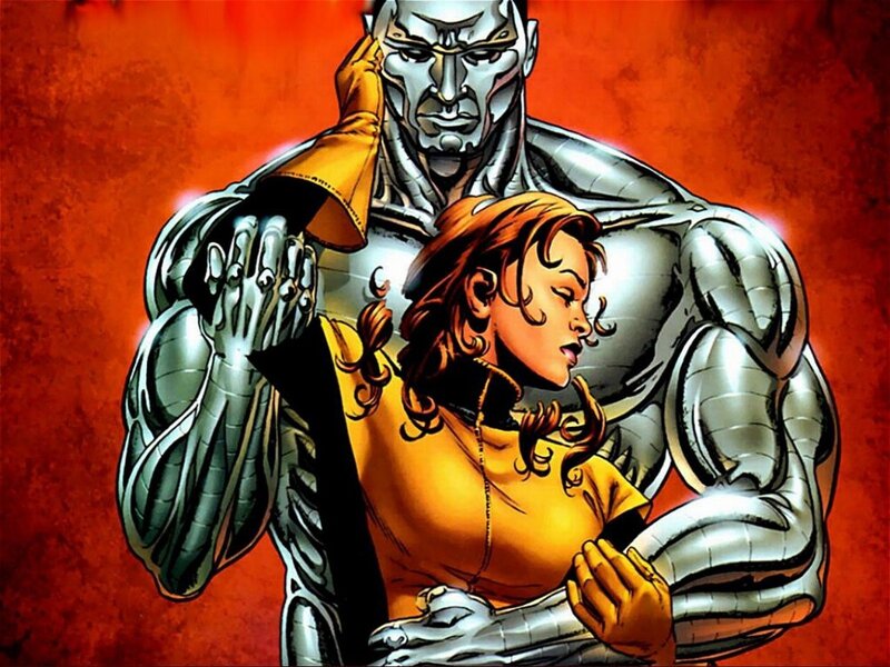 cyborg man holding woman