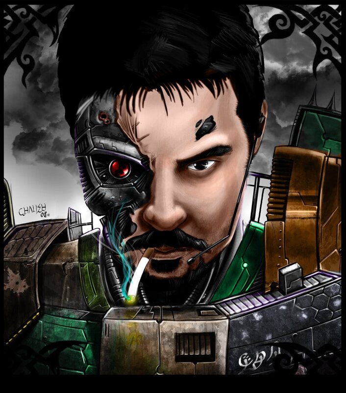 cyborg man with cigarette