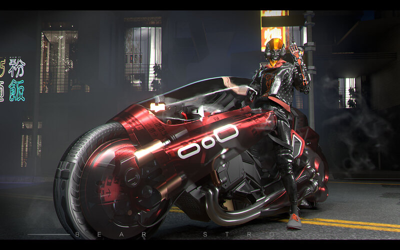 Cyborg on Red Motorcycle