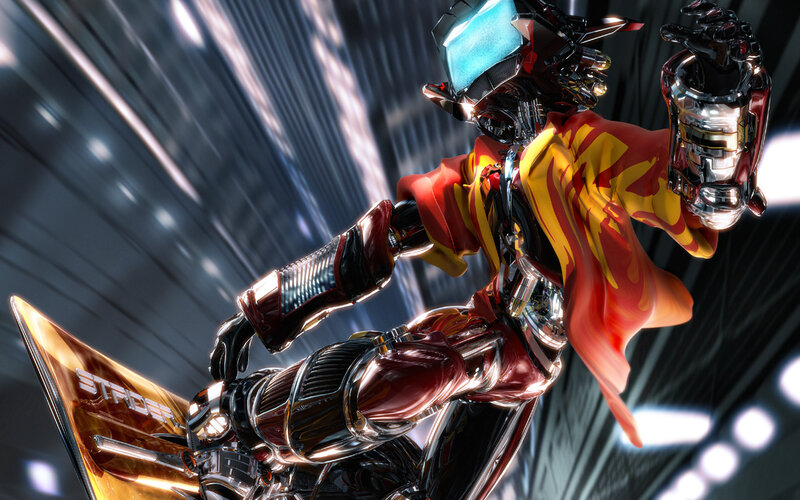 cyborg rider on futuristic board