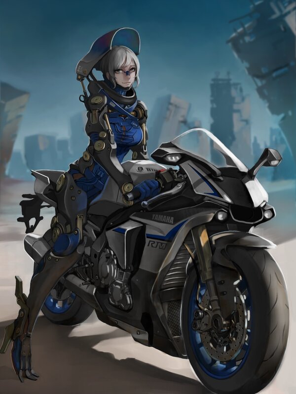 Cyborg Rider on Motorcycle — Blue