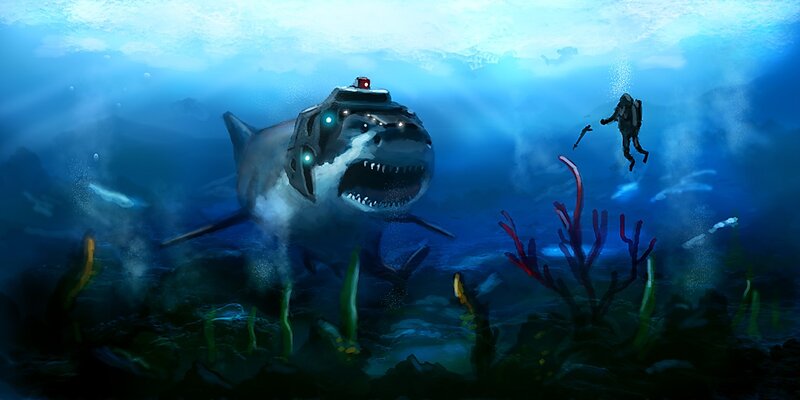 cyborg shark in deep sea