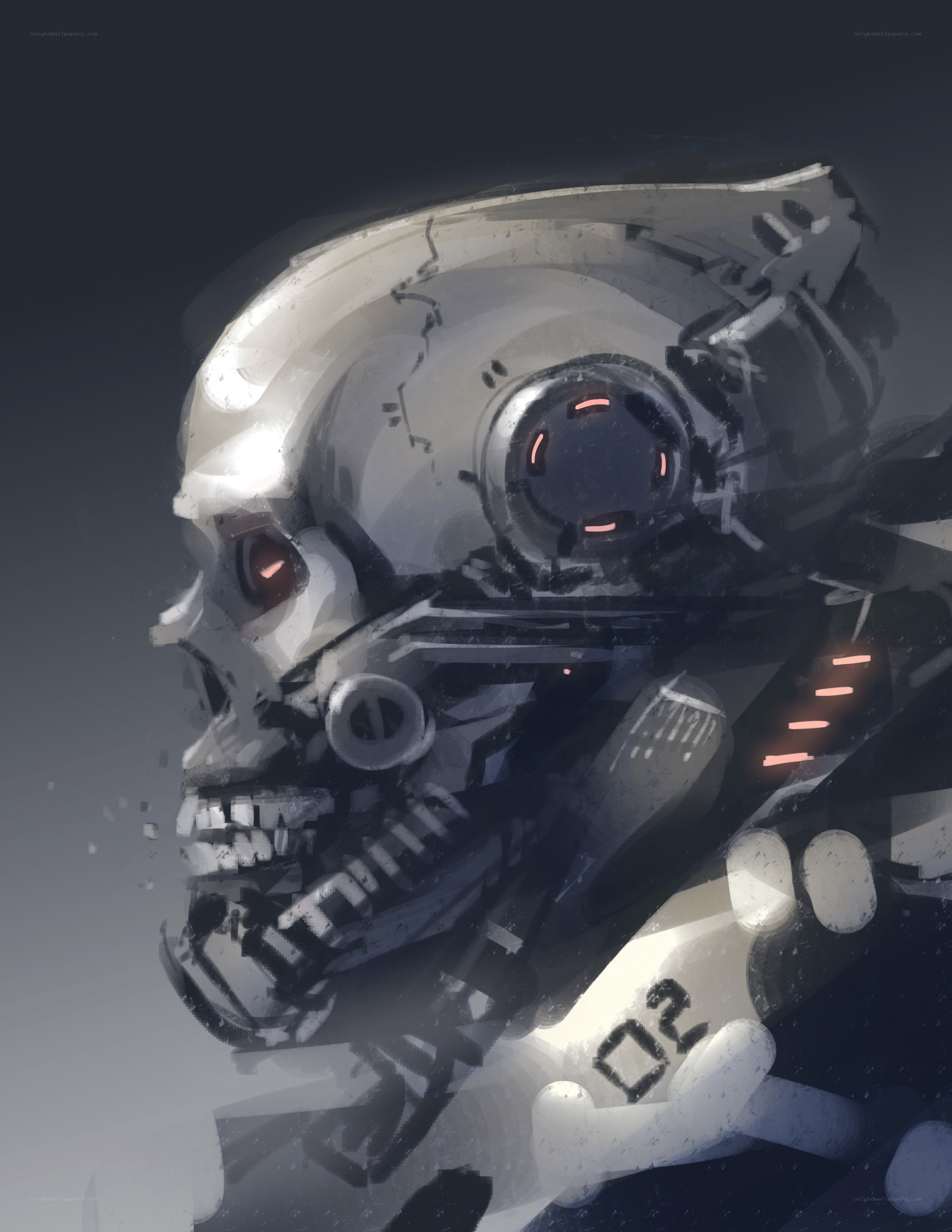 cyborg skull with glowing eyes