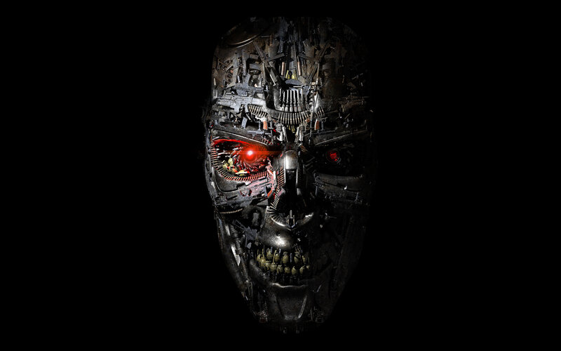 cyborg skull with red eyes