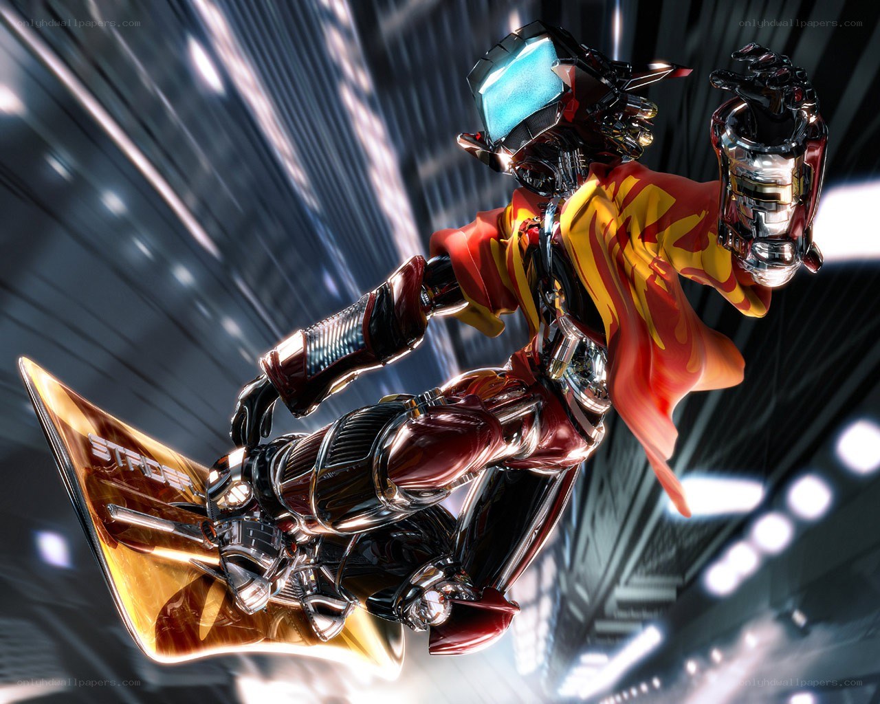 cyborg snowboarder in motion